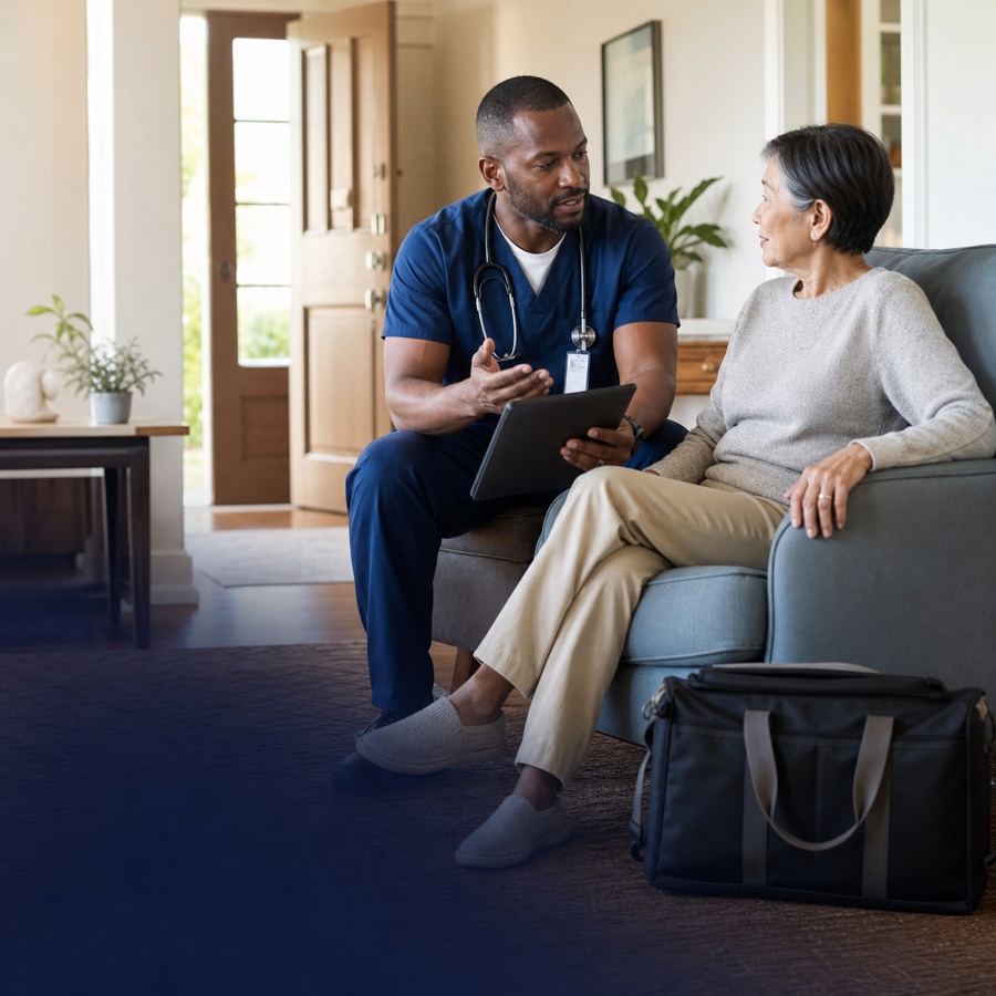 A registered nurse discussing post-discharge care with a patient at home