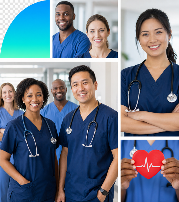 Diverse team of Black, Asian, and White registered nurses