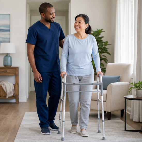 Registered nurse helping a patient walk safely during post-surgery recovery at home